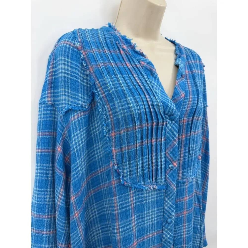 Free People Intimately Blue Plaid Long Sleeve PJ Top/Night Shirt Dress Large - Picture 4 of 12
